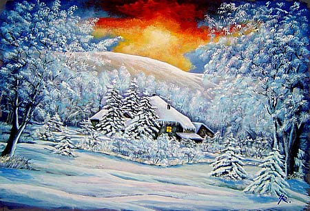 Gemlde Winterlandschaft > Winterabend in den Bergen <
